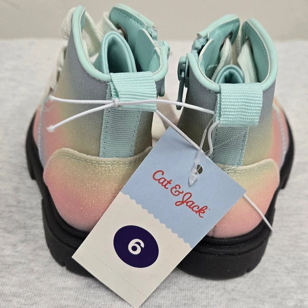 Cat & Jack Toddler Girls Rainbow Ombre Glitter Combat Boots Size 6 Pastel Zip Up